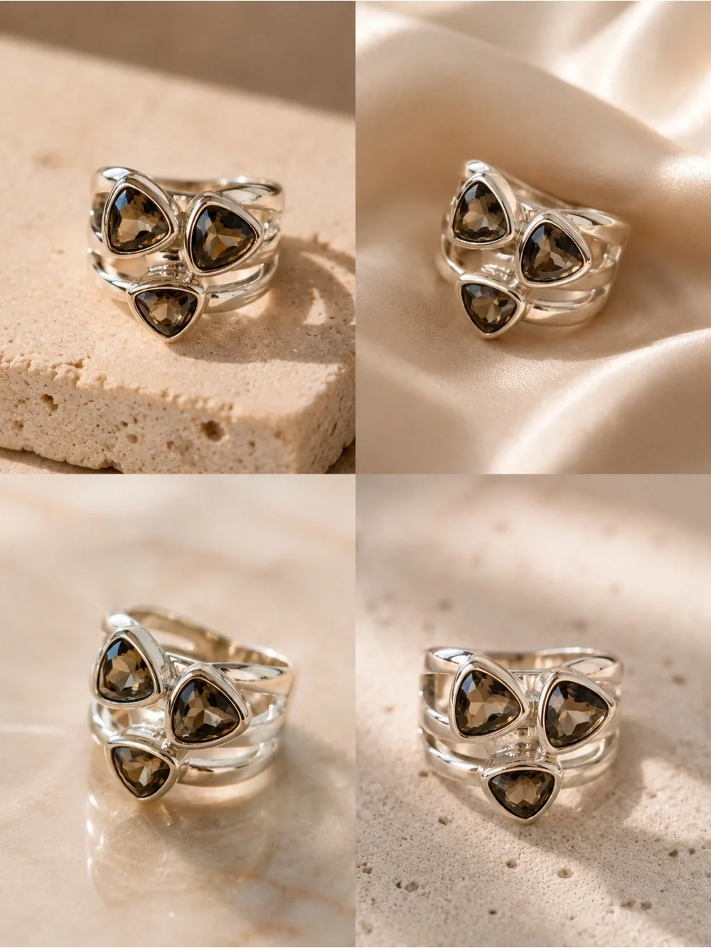 Smoky Crystal Triple Stone Statement Ring | Adjustable Boho Fashion Ring